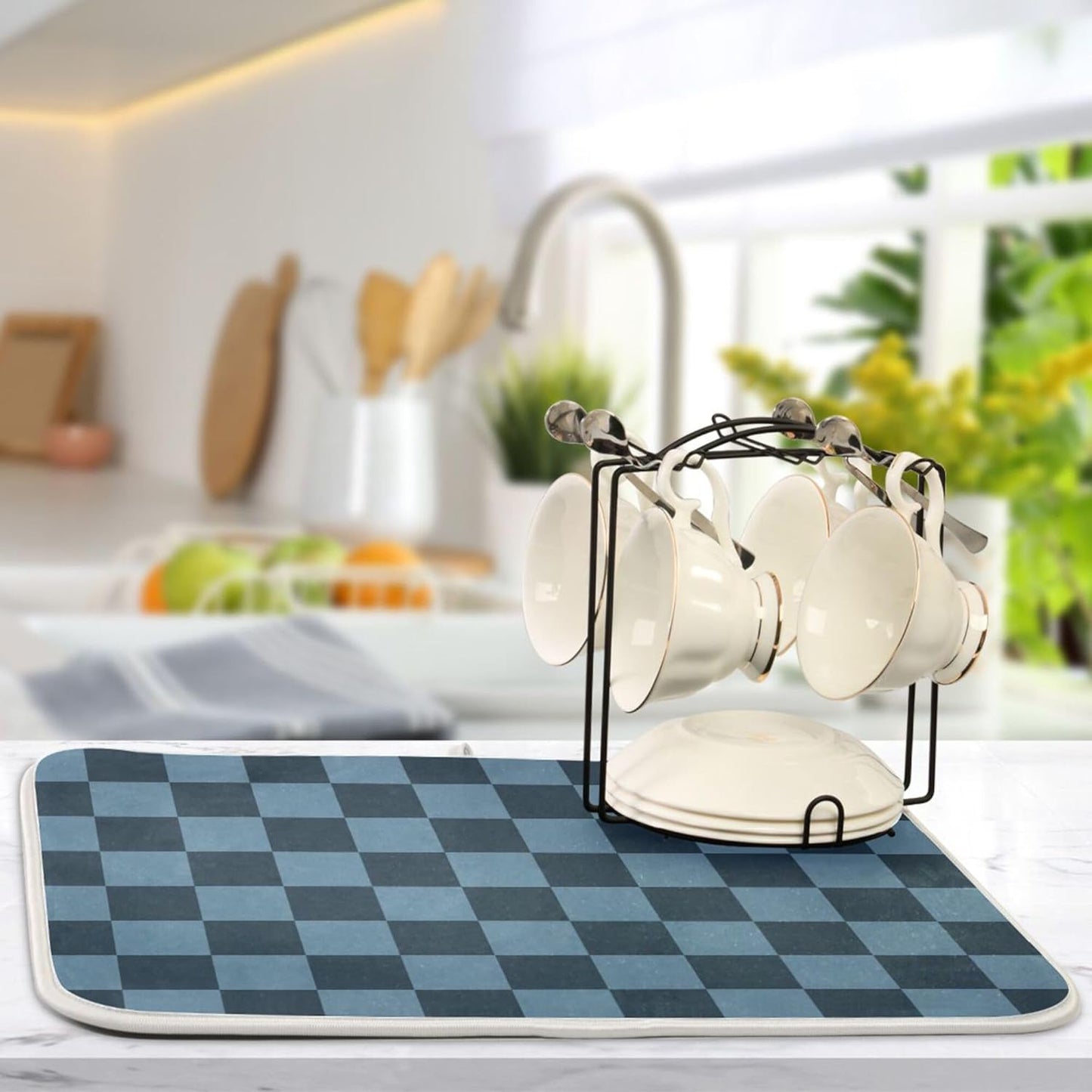 Buffalo Plaid Navy Blue Dish Drying Mat for Kitchen Countertop 16x18 Chessboard Rectangle Small