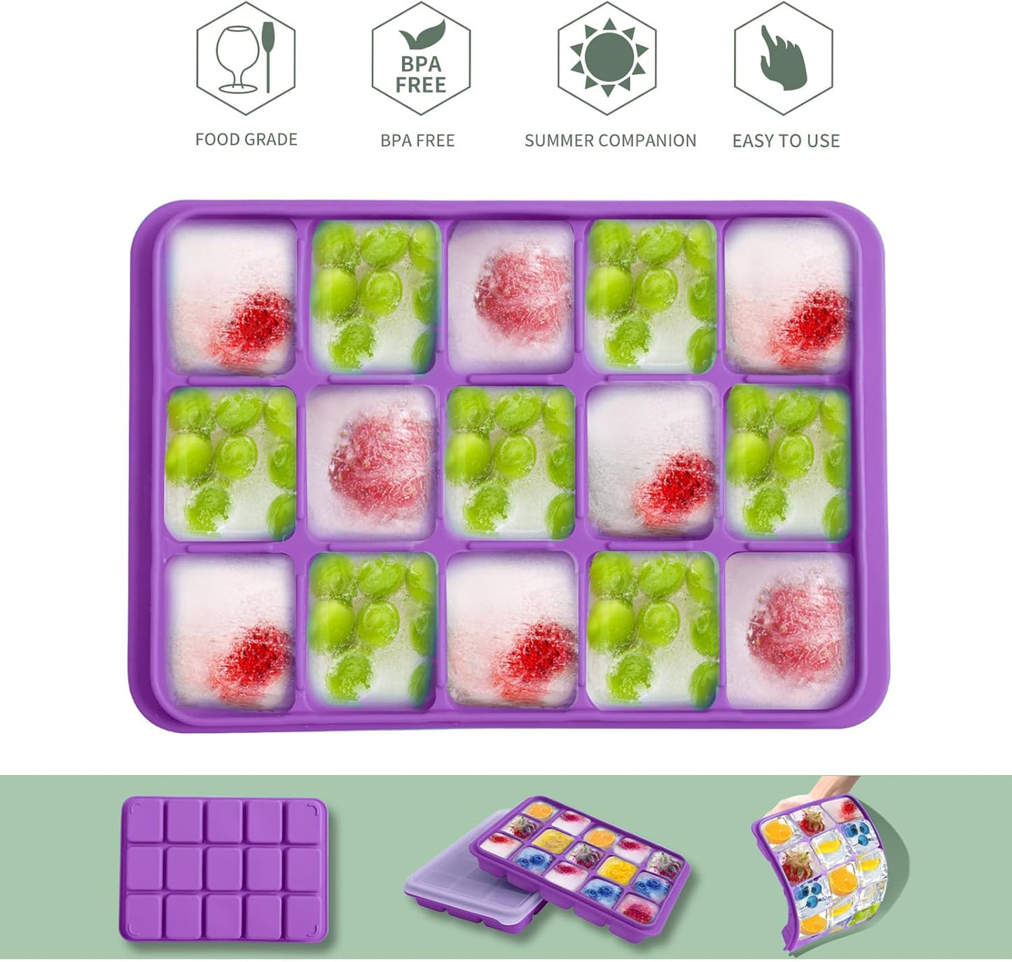 Tvmania Ice Cube Trays Set of 2, Easy Release 15 Flexible Silicone Ice Cube Molds with Removable