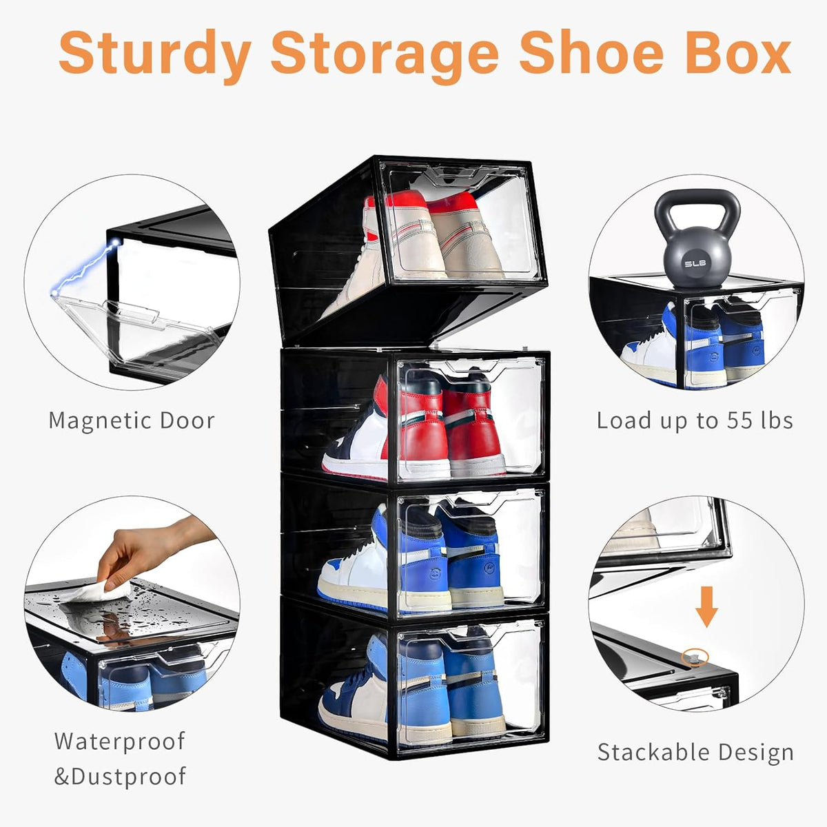 12 Pack Stackable Shoe Storage Organizer with Magnetic Door, Shoe Boxes Clear Black Plastic for