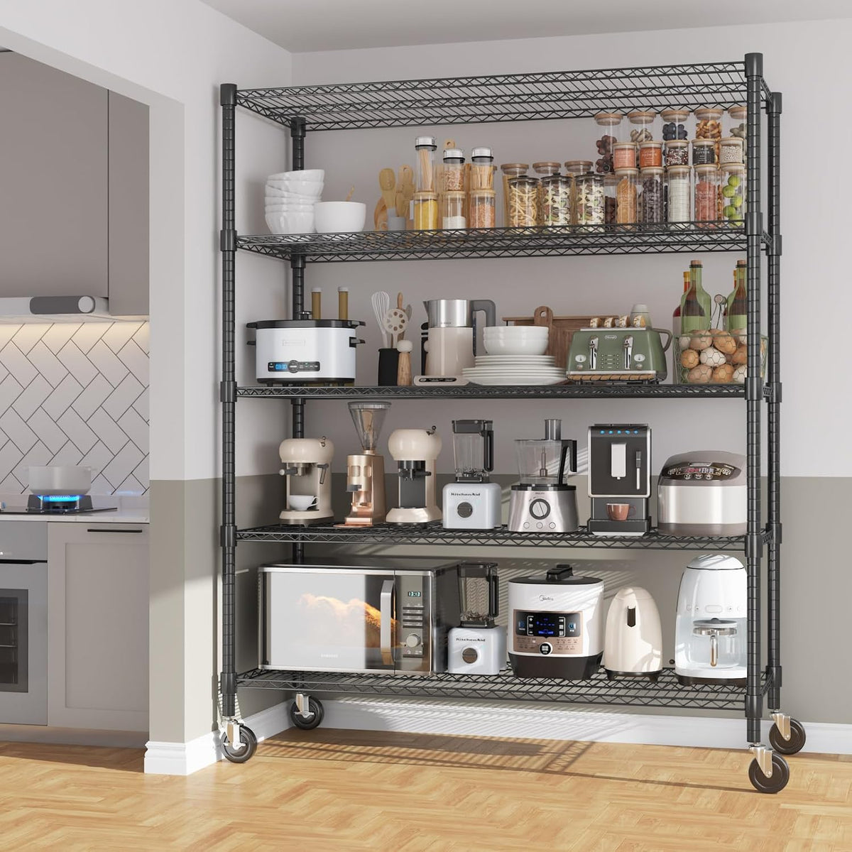 Himimi 82" H Storage Shelves 5 Tier Metal Shelving Adjustable Wire Shelf with Wheels, Heavy Duty