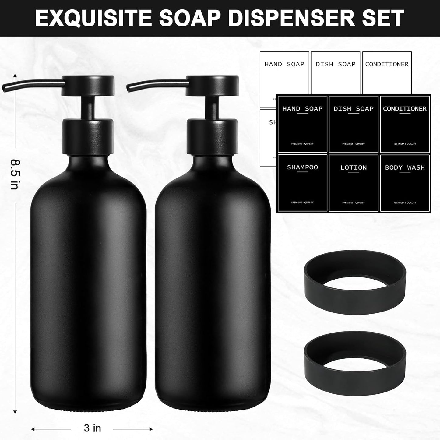 Black Glass Soap Dispenser with Stainless Steel Pump, 16.9 Fl oz Soap Dispenser Set for Kitchen