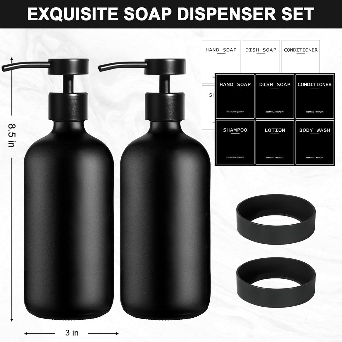 Black Glass Soap Dispenser with Stainless Steel Pump, 16.9 Fl oz Soap Dispenser Set for Kitchen