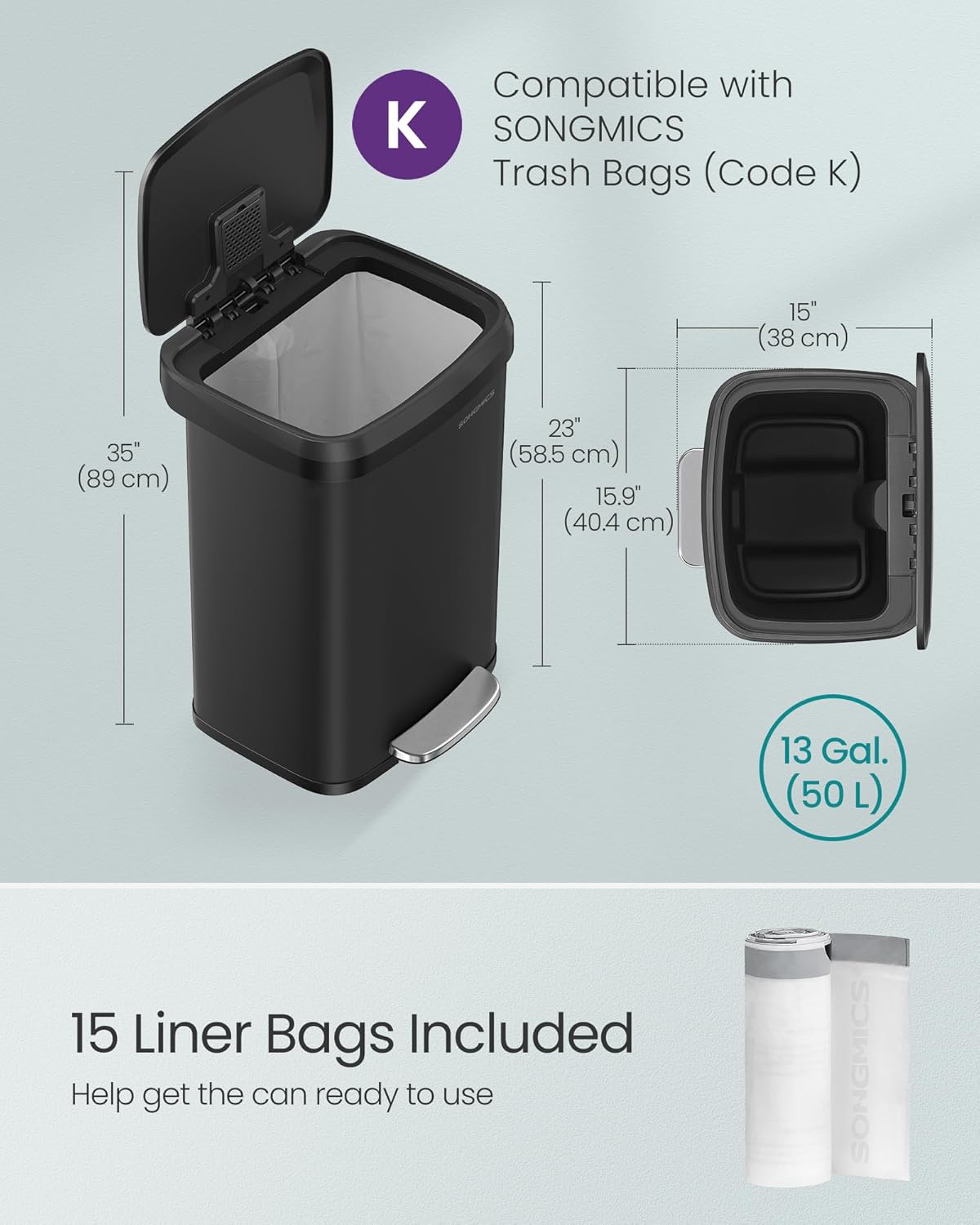 SONGMICS Kitchen Trash Can, 13 Gallon (50 L) Stainless Steel Garbage Can, with Stay-Open Lid and