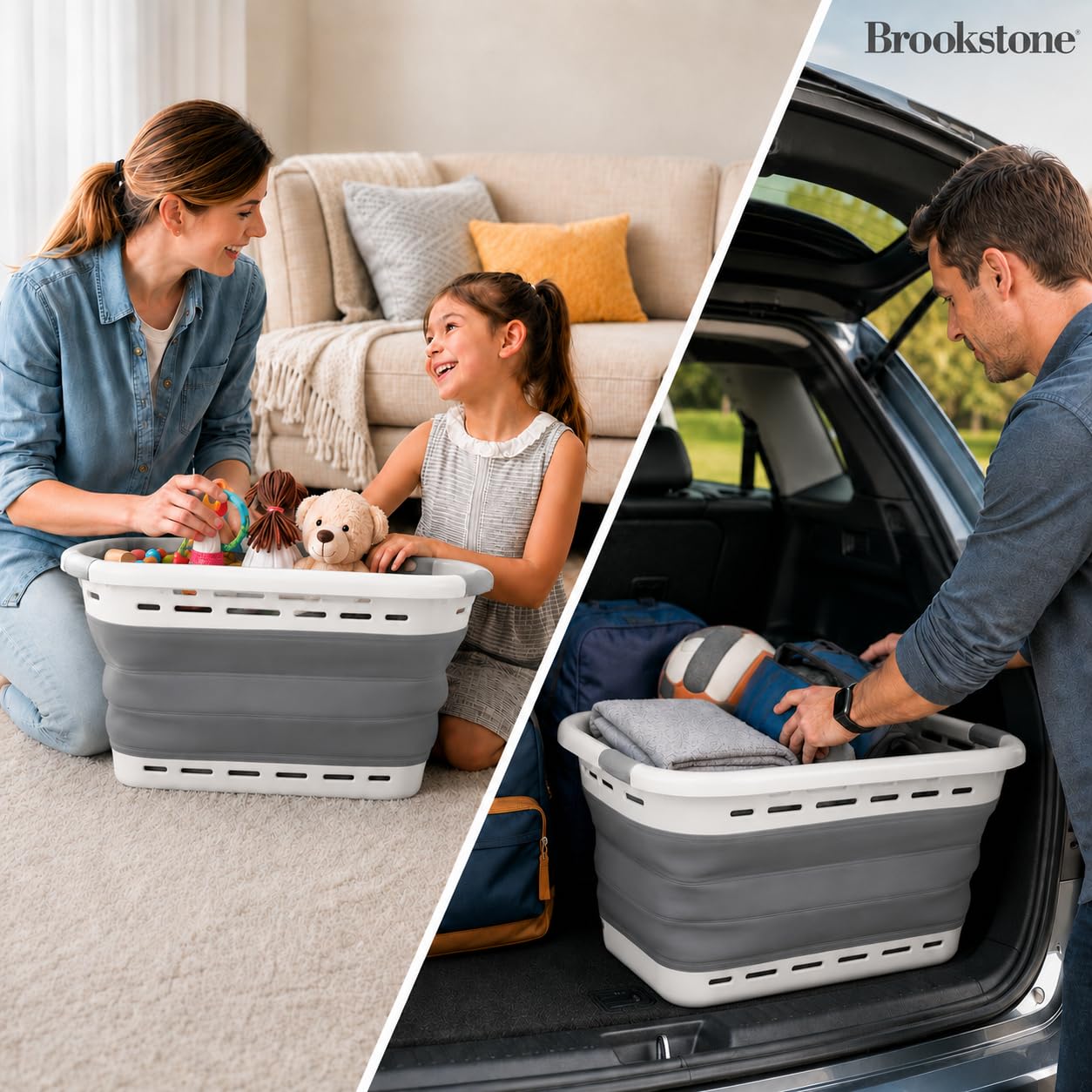 BROOKSTONE 11 GALLON XL 24" Collapsible Laundry Basket & Clothes Hamper, Comfort Non-Slip Handles