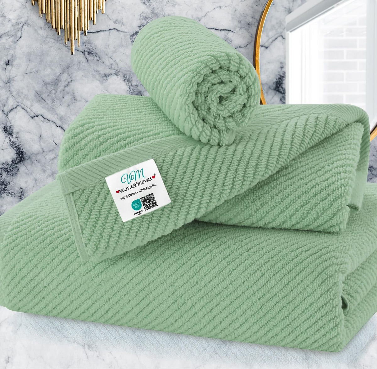 VOOVA & MOVAS Green Towels for Bathroom, 100% Cotton | Quick Dry | Soft | Thick, 3 Piece Towel Set