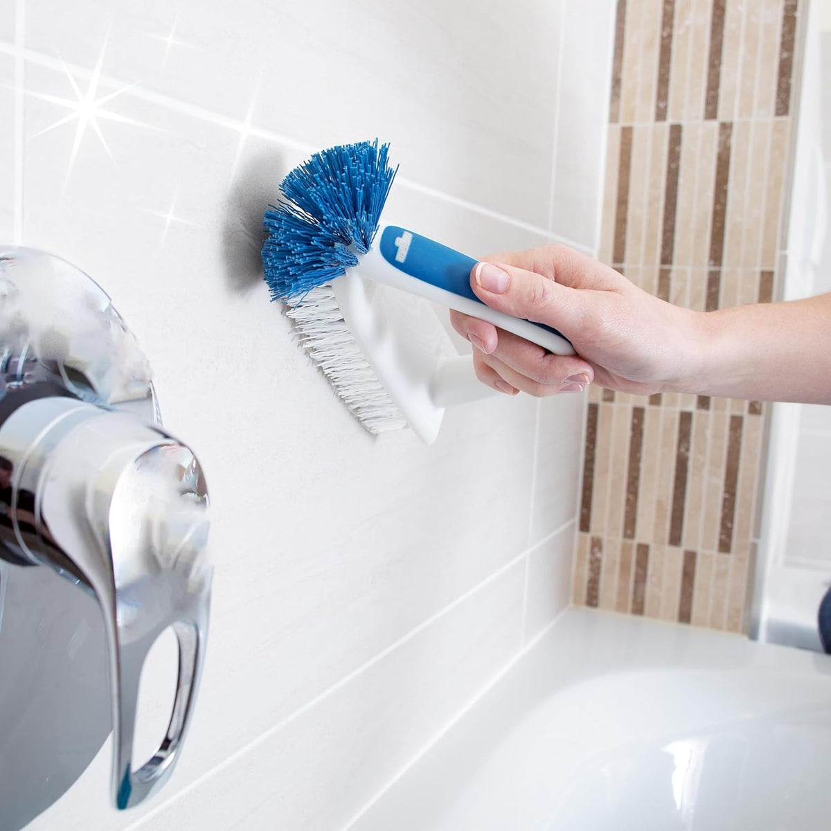 Unger 2-in-1 Bath and Tile Scrubber Brush Tool, Crevice Cleaning Supplies, Dishwasher Safe, Rounded