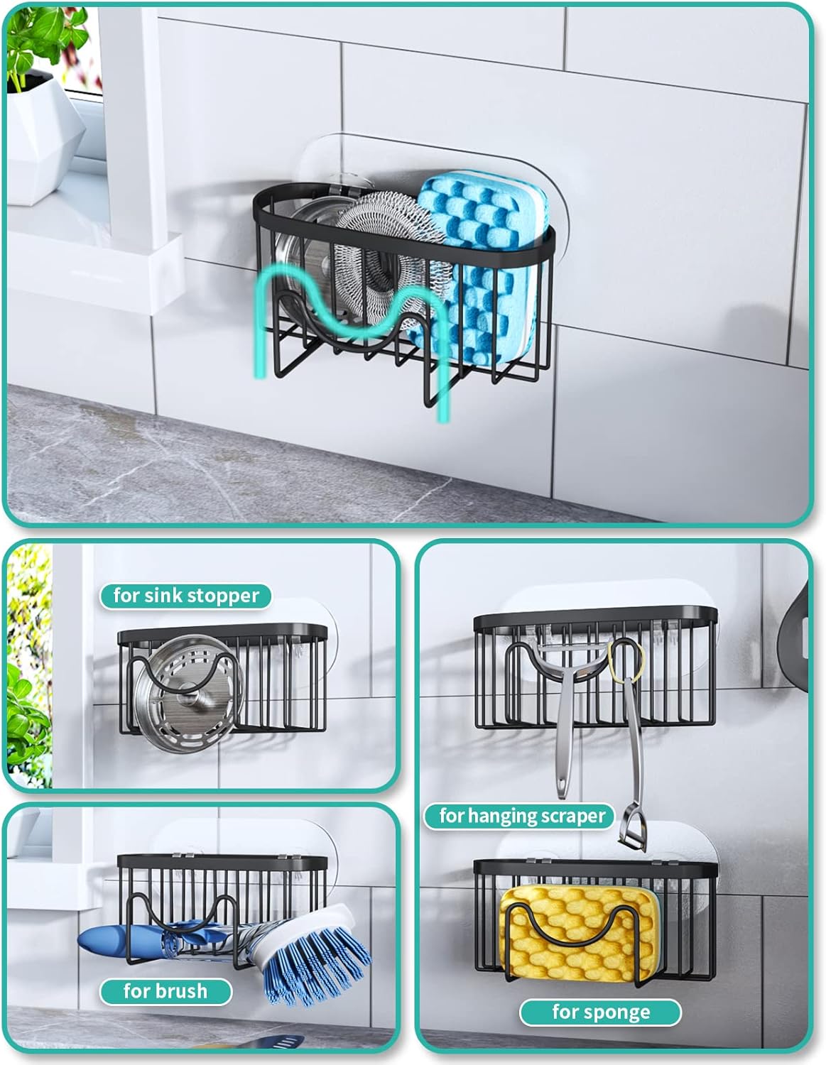HapiRm Multifunctional Sponge Holder with Unique M-shaped, Two Installation Methods Kitchen Sink
