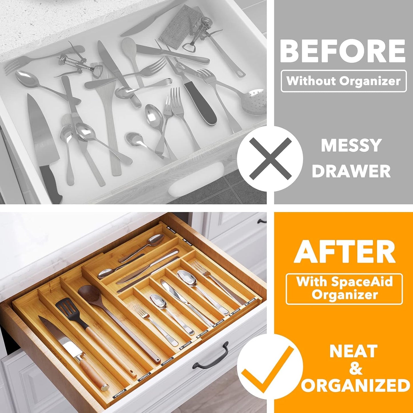 SpaceAid Bamboo Silverware Drawer Organizer with Labels, Kitchen Utensil Expandable Tray Holder