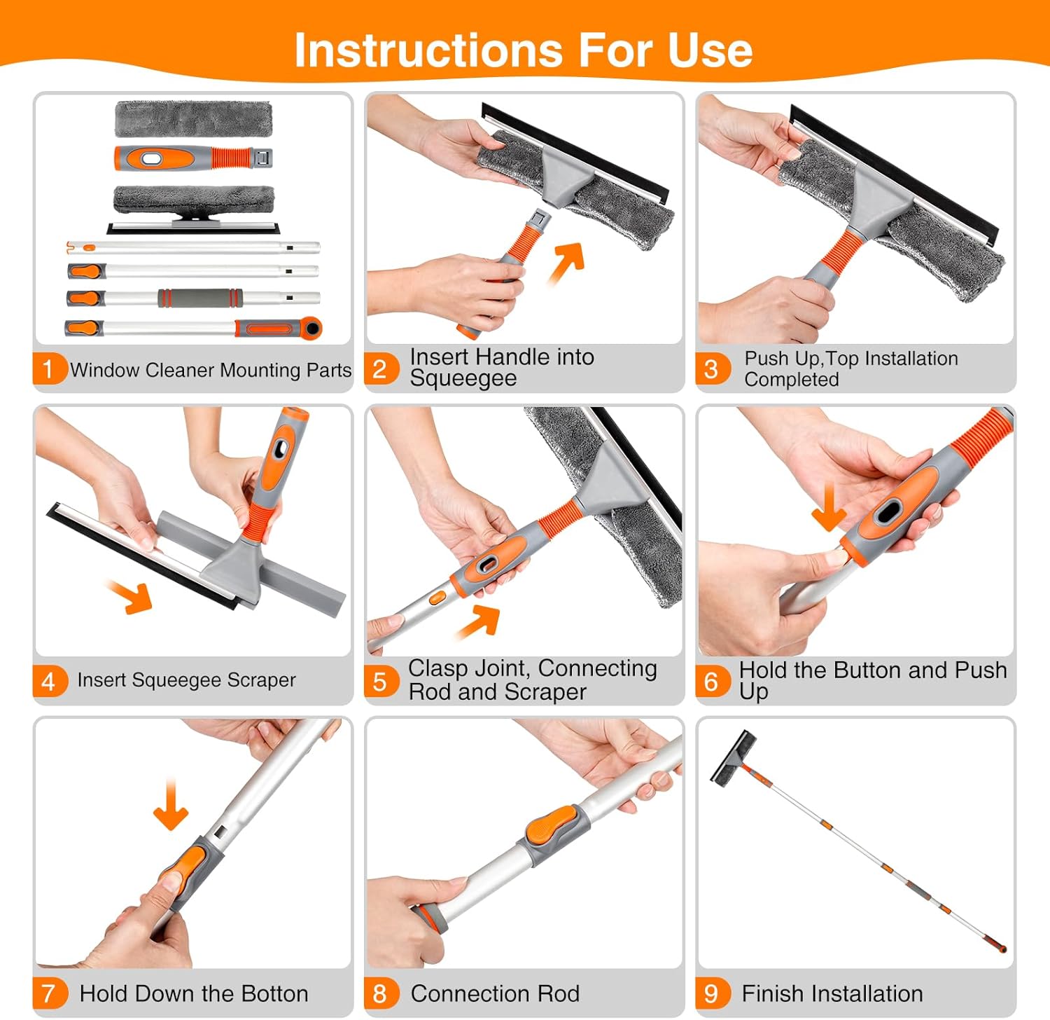 LOMIDA 2-in-1 Window Squeegee Cleaner with 62" Aluminum Extension Pole, Bendable Head for Extra