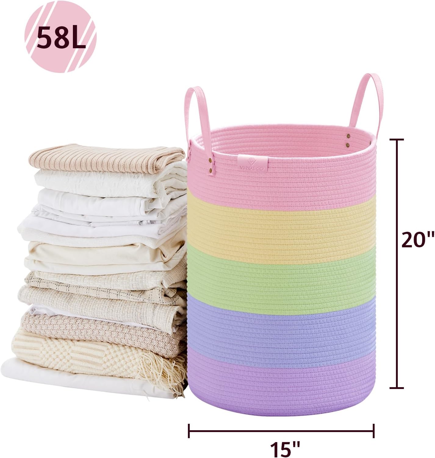 VIPOSCO Tall Laundry Basket, Large Dirty Clothes Hamper with Leather Handle, Woven Rope Storage