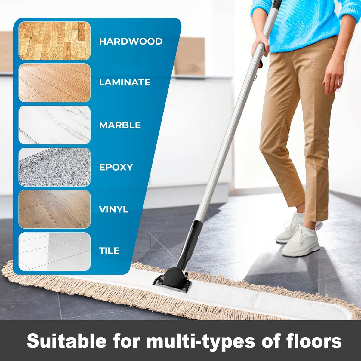 Commercial Dust Mop & Floor Sweeper，48" Industrial Dry Mop with Heavy Duty Long Handle, Premium