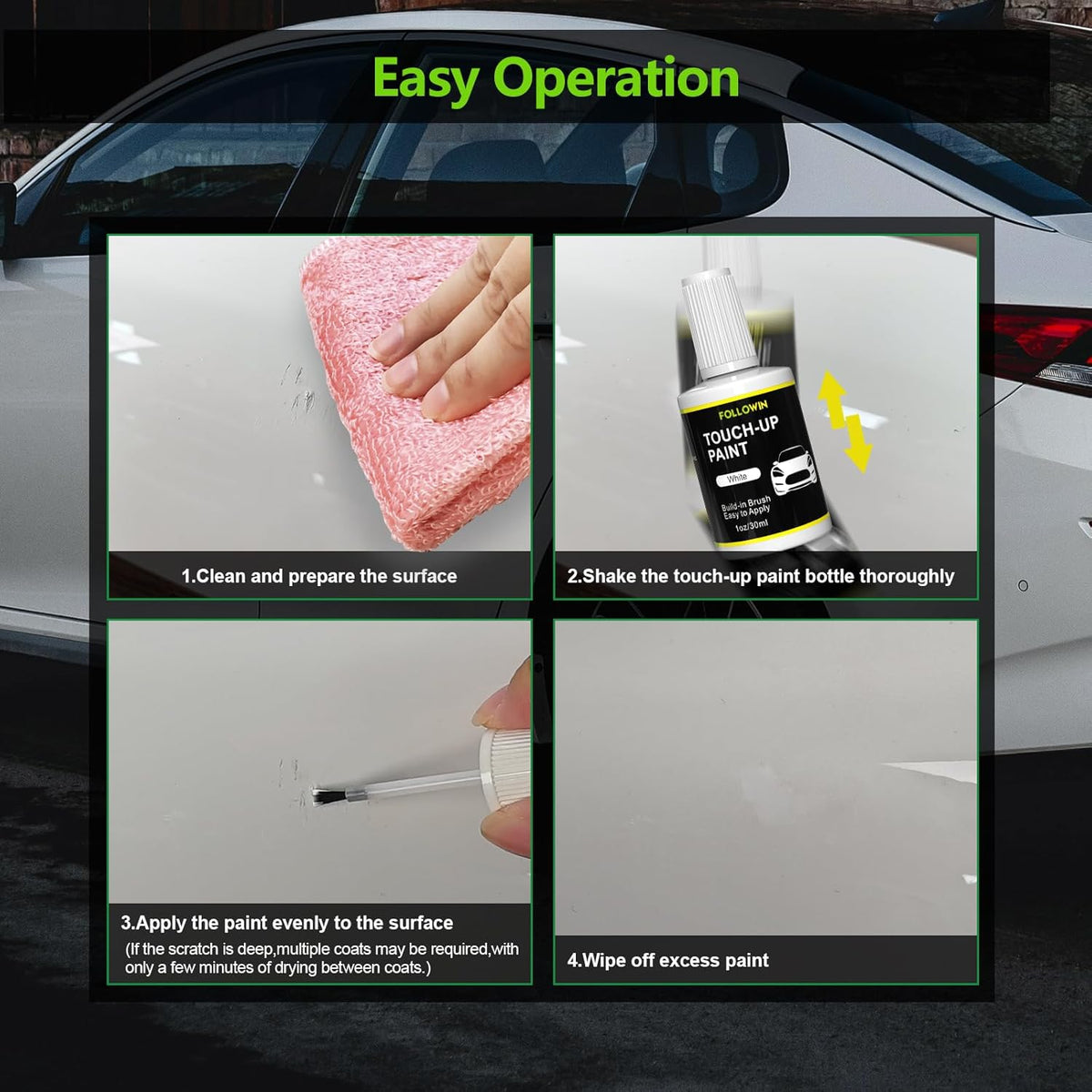 FOLLOWIN White Touch Up Paint for Cars, Car Paint Scratch Repair,Built-in Brush Auto Paints