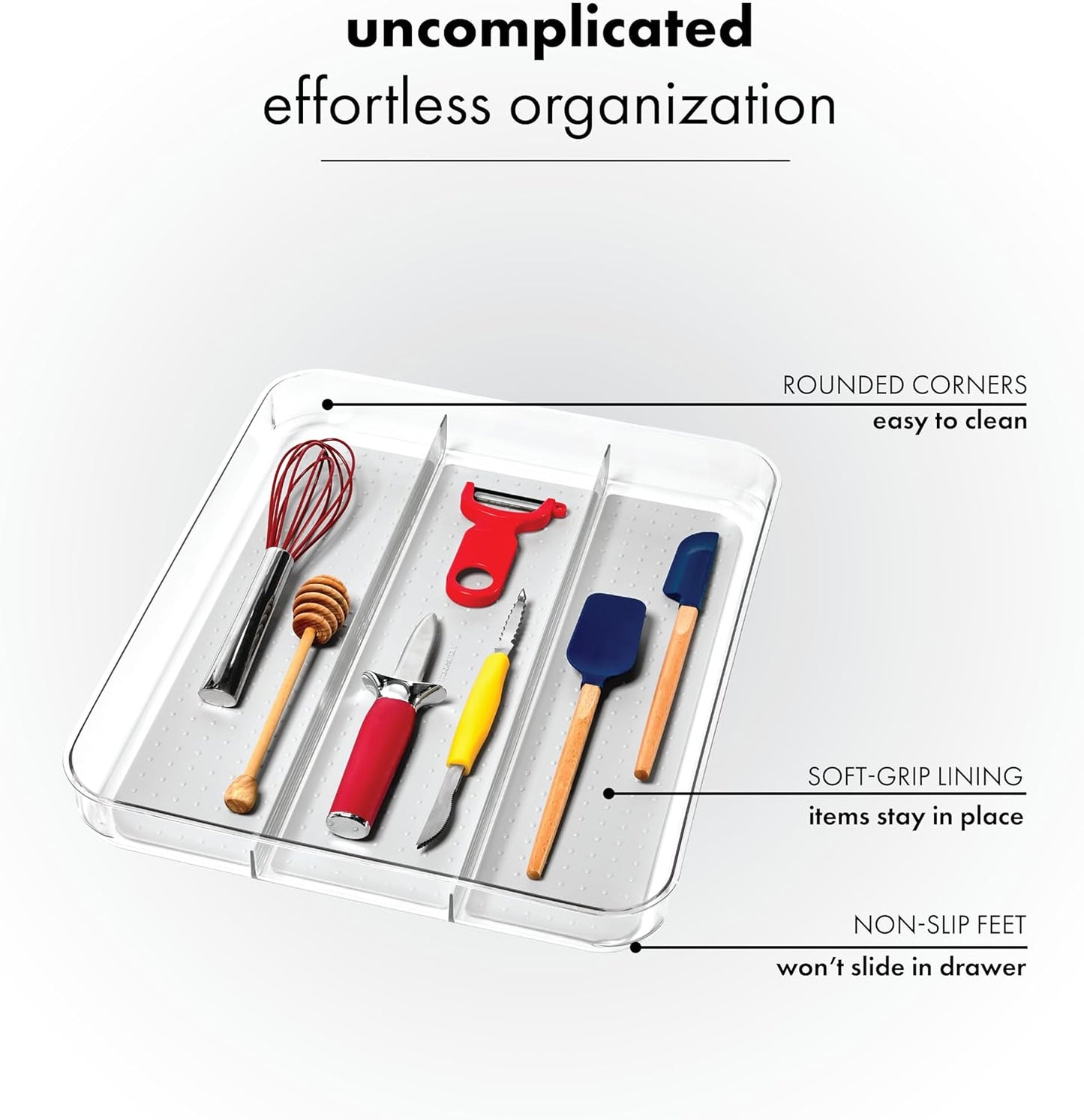 madesmart Utensil Tray - Large | Light Grey | Clear Soft Grip Collection | 3-compartment |