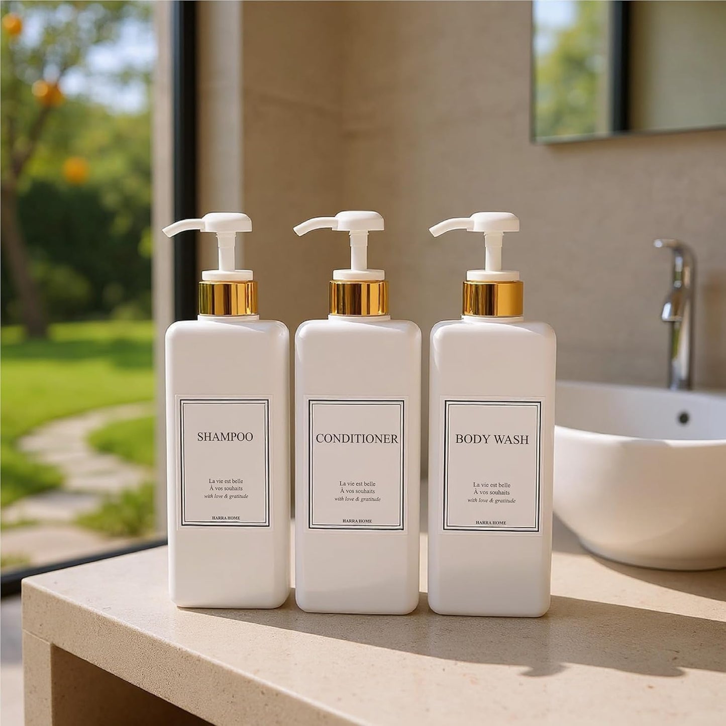 Modern Gold Design Large 27 oz Shampoo and Conditioner Dispensers - Empty Plastic Refillable Pump