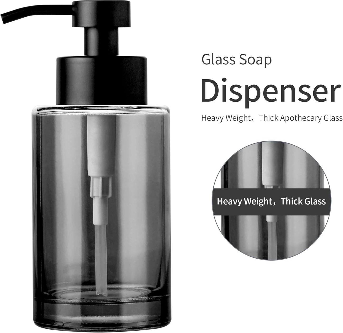 Enra Thick Glass Soap Dispenser with Stainless Steel Pump, 12oz Black Bathroom & Kitchen Hand