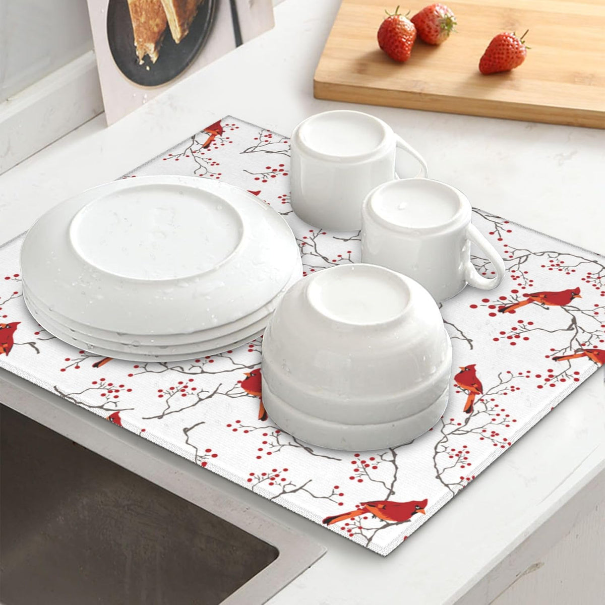 Cardinal Bird Red Berry Decor Kitchen Drying Mat Cute Microfiber Dish Drainer Mat for Kitchen