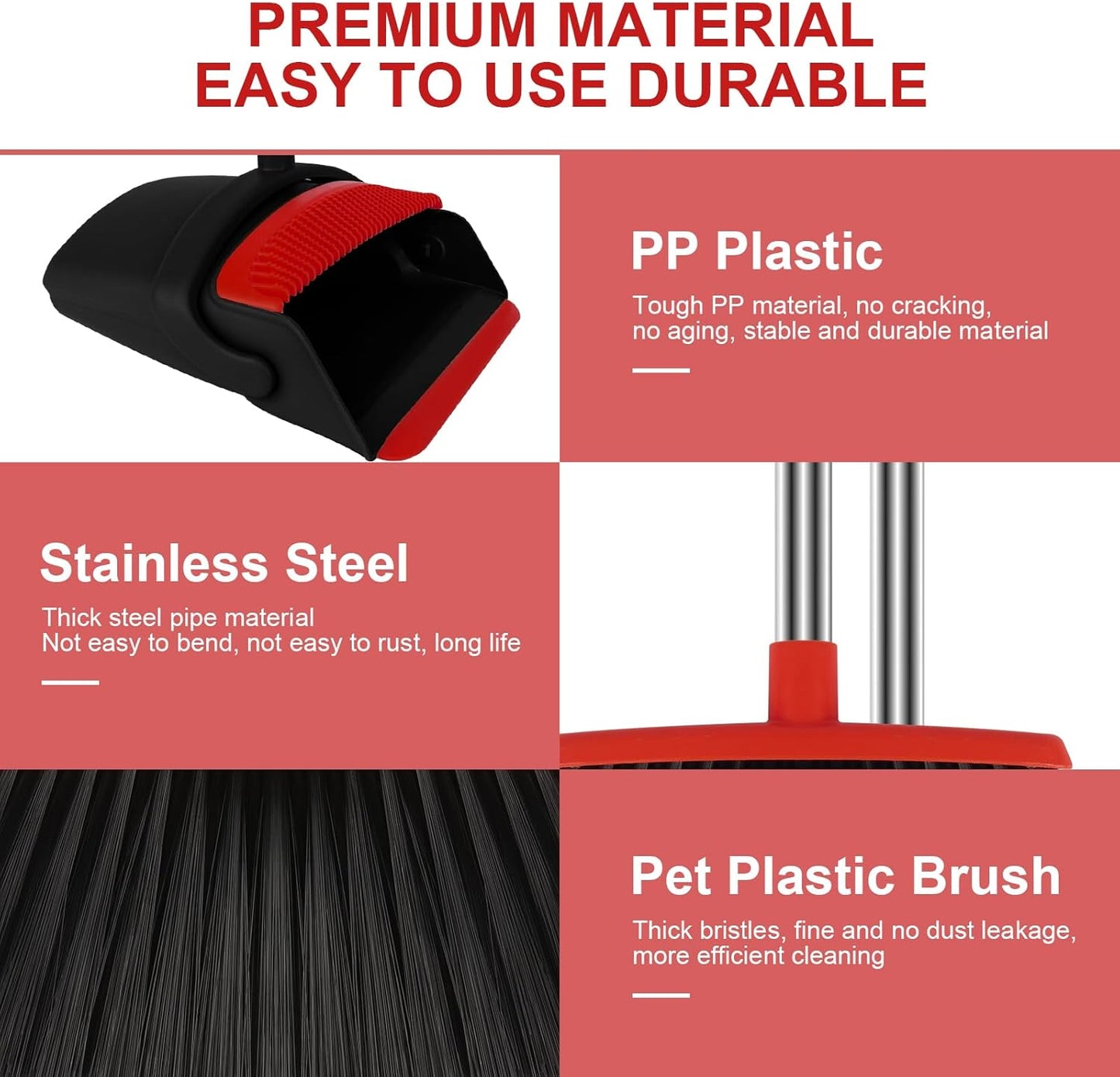 Broom and Dustpan Set for Household, Red Broom with Dustpan Combo Set, 51" Long Handle Dust pan Set