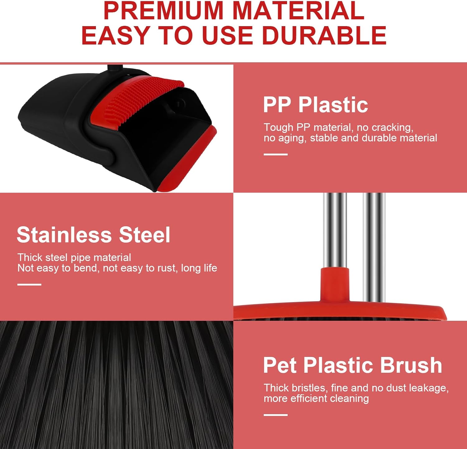 Broom and Dustpan Set for Household, Red Broom with Dustpan Combo Set, 51" Long Handle Dust pan Set