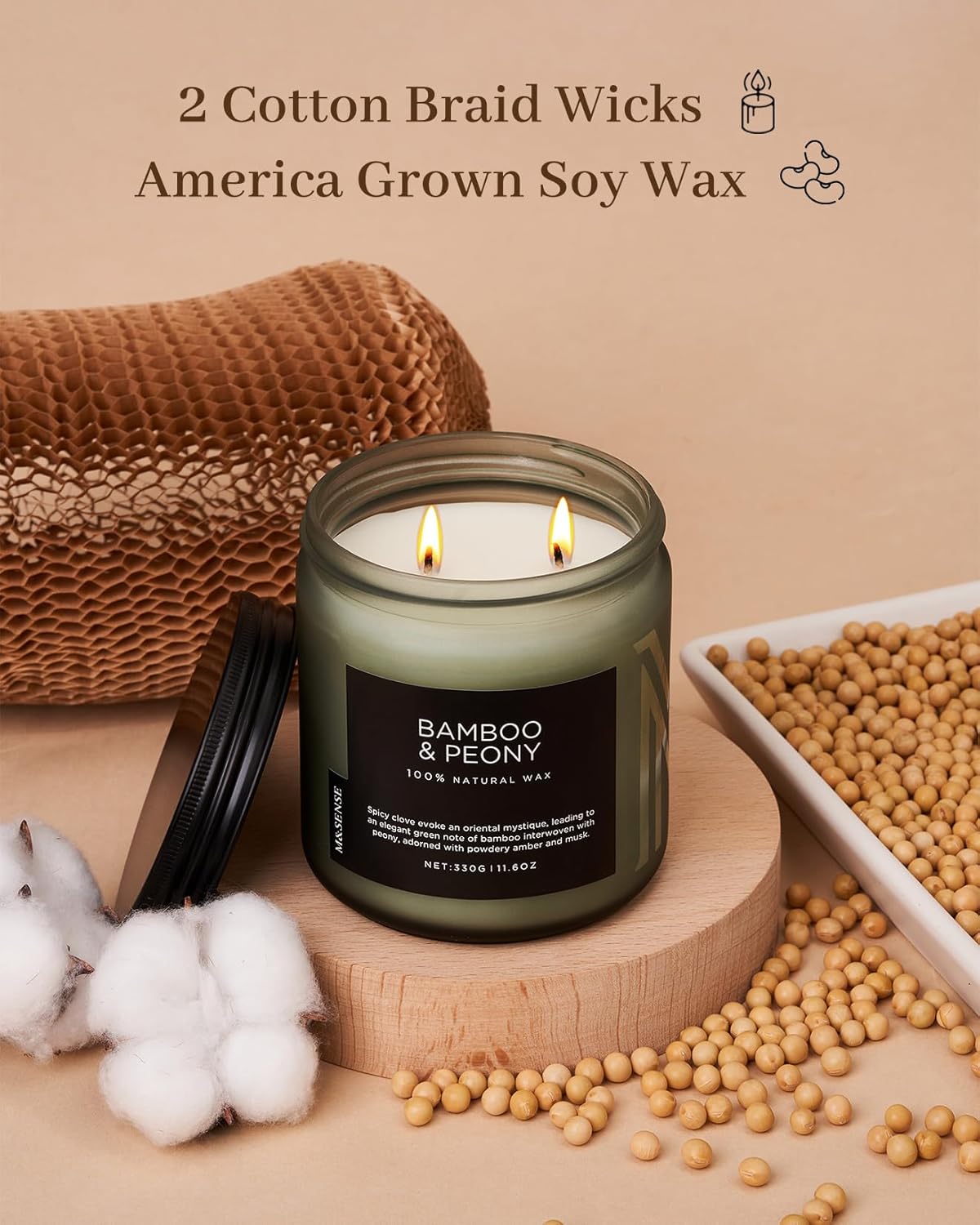 M&SENSE Bamboo Peony Scented Candle, 11.6oz Aromatherapy Jar Candle, 70 Hour Burn Time, Natural Soy