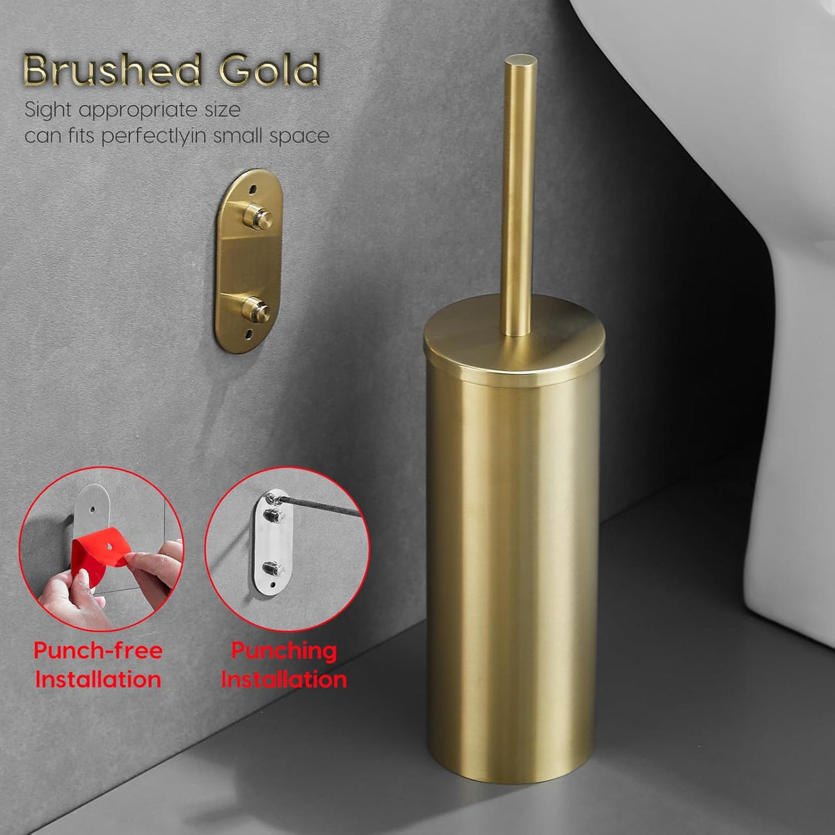 Gold Brushed Stainless Steel Toilet Brush and Cover, No-Punch Hook Base Dual Purpose Toilet Brush