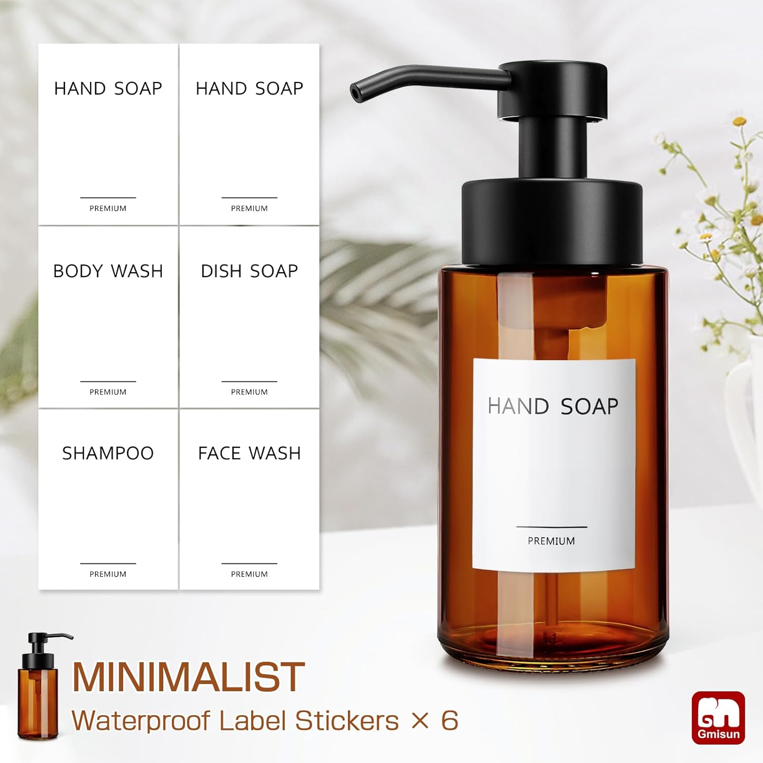 GMISUN Glass Foaming Soap Dispenser, 10 Fl oz / 300ml Amber Glass Soap Dispenser for Bathroom &