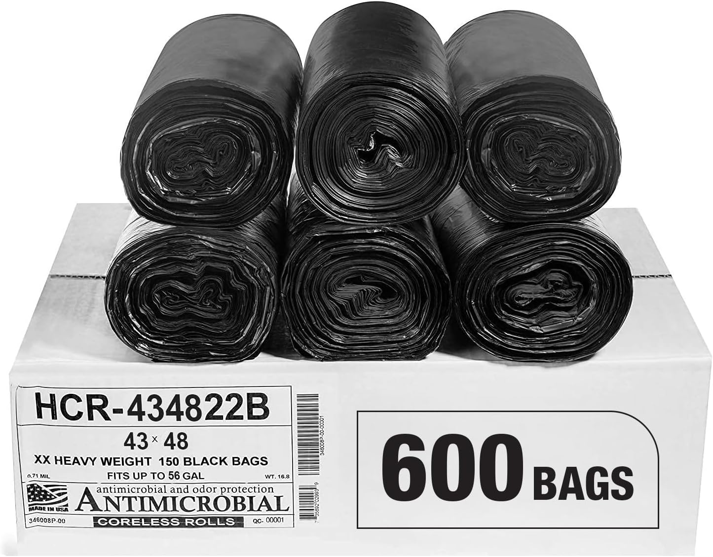 Aluf Plastics High Density Trash Bags, 56 Gallon, 600 Count, 22 Micron (eq), 43" x 48", Black, for