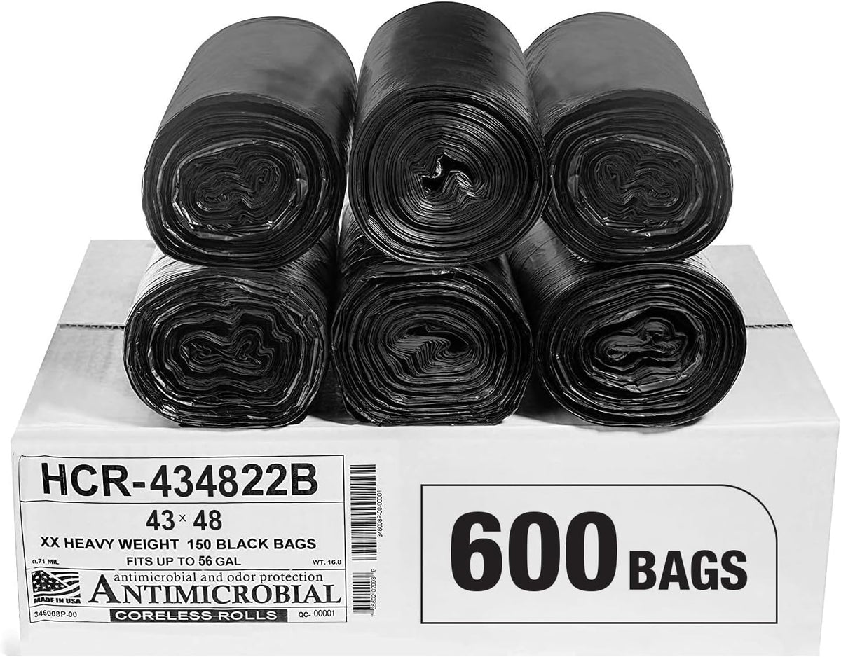 Aluf Plastics High Density Trash Bags, 56 Gallon, 600 Count, 22 Micron (eq), 43" x 48", Black, for