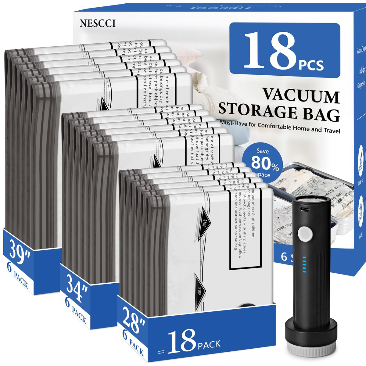 18 Pack Travel Vacuum Bags for Clothing with Rechargeable Wireless Air Pump