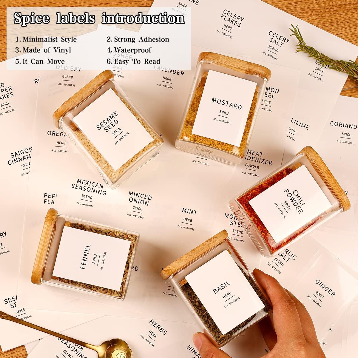 12 Pcs Square Glass Spice Jars with Natural Bamboo Lids - 5oz Airtight Herb Containers with 148