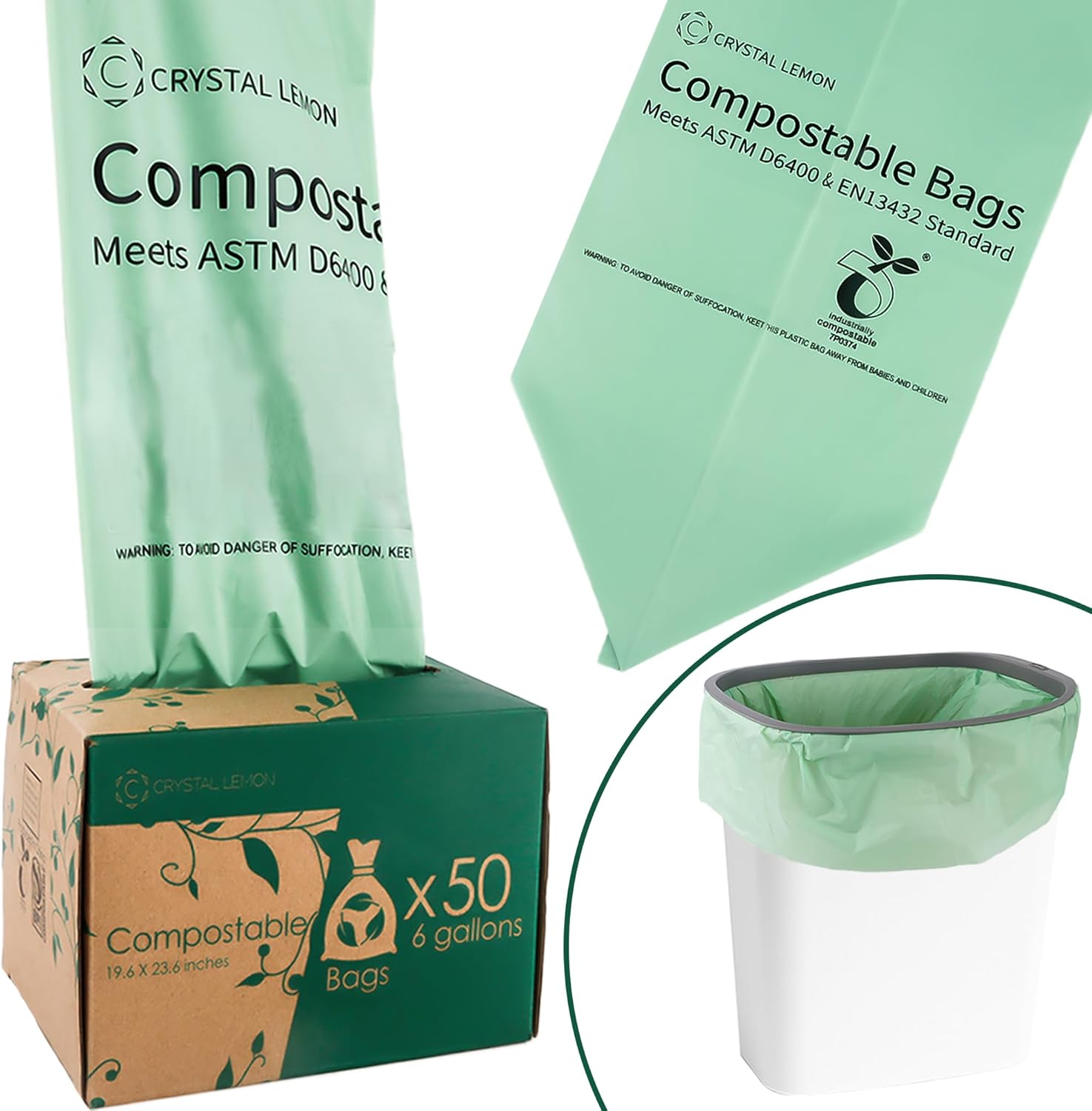 C Crystal Lemon 50 Count Biodegradable Kitchen Food Waste Bags - 6 Gallon Scraps Bags - Heavy Duty