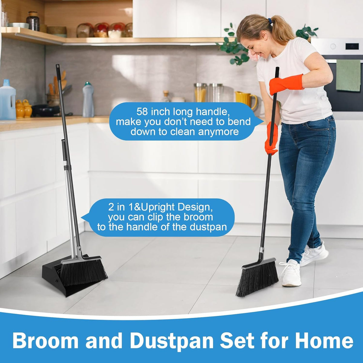 4 Set Broom and Dustpan Set 58 Inch Commercial Broom and Dustpan Combo Set Heavy Duty Lobby Dust