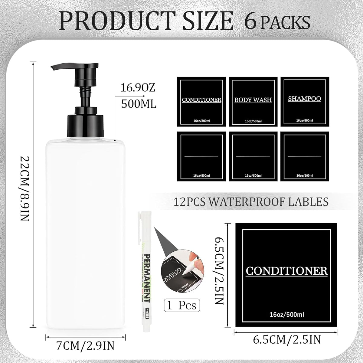 Tanlade 6 Pcs Shampoo and Conditioner Dispenser Bottles 16oz Modern Shower Soap Bottles with Pump