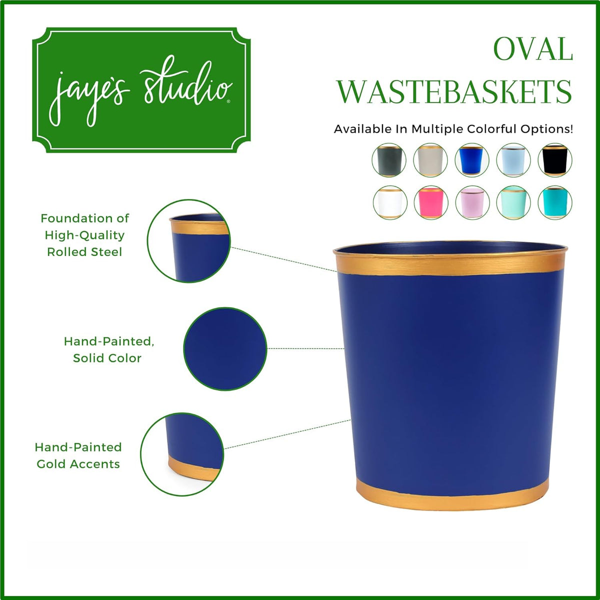 Jaye's Studio Mattie Line, Oval Wastebasket & Garbage Bin, Gold Trim & Finish, Hand-Painted