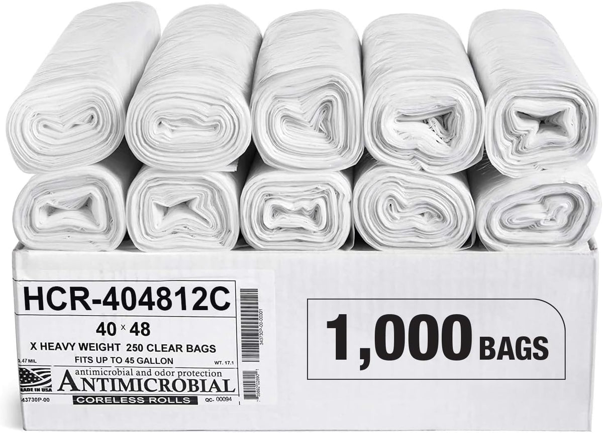 Aluf Plastics High Density Trash Bags, 45 Gallon, 1000 Count, 12 Micron (eq), 40" x 48", Clear, for
