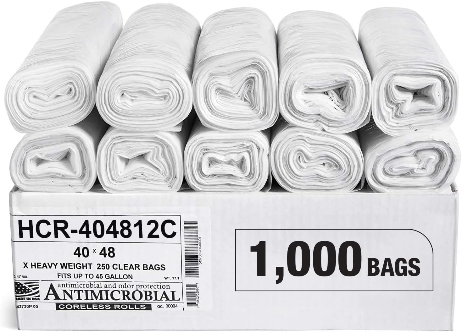 Aluf Plastics High Density Trash Bags, 45 Gallon, 1000 Count, 12 Micron (eq), 40" x 48", Clear, for