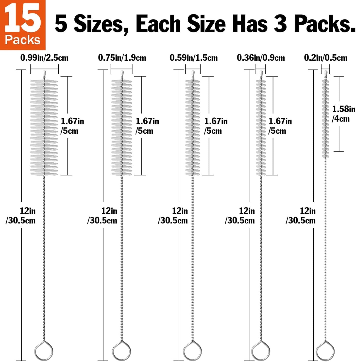 AZEN 15 Pack Straw Cleaner Brush Set, 12 inch Extra Long, 5 Different Diameters Reusable Cleaning