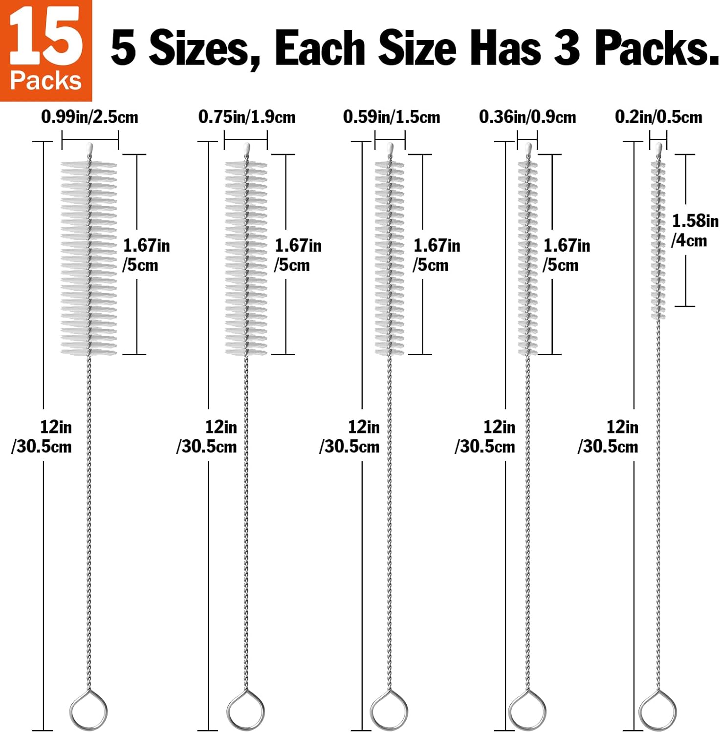 AZEN 15 Pack Straw Cleaner Brush Set, 12 inch Extra Long, 5 Different Diameters Reusable Cleaning