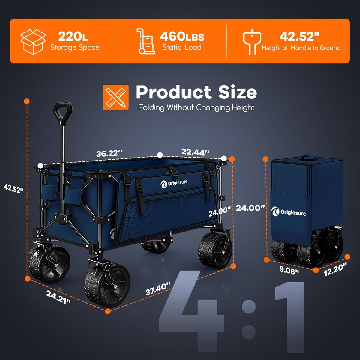 220L Collapsible Wagon Cart Foldable, 460lbs Load Capacity Heavy Duty Folding Beach Wagons with Big