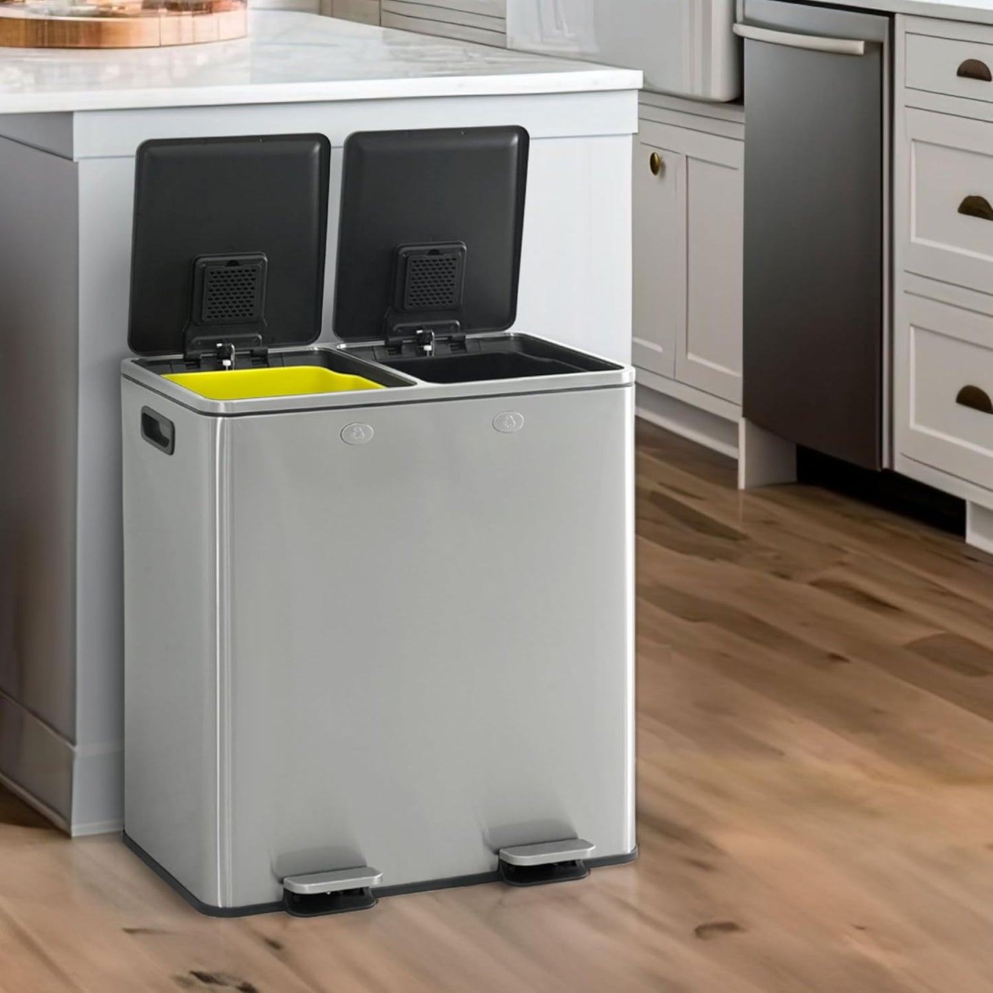 CAPHAUS Dual Trash Can with Double Lid, Trash and Recycle Bins Combo, Hands-Free Stainless-Steel