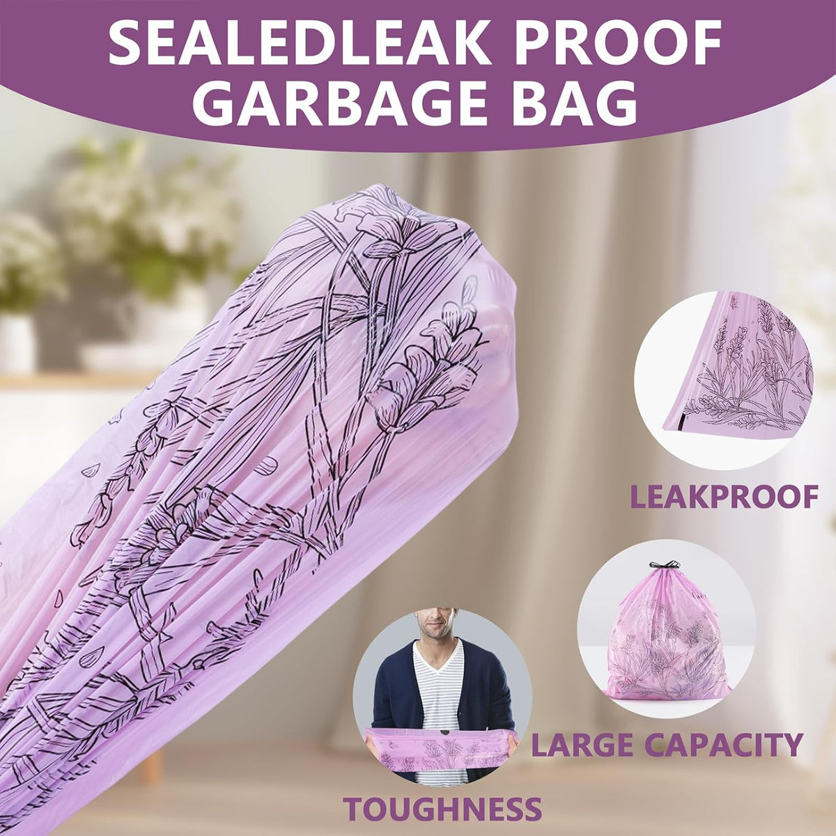 VOK 13 Gallon Trash Bags with Lavender Print & Drawstring, Tear-Resistant Tall Kitchen Garbage