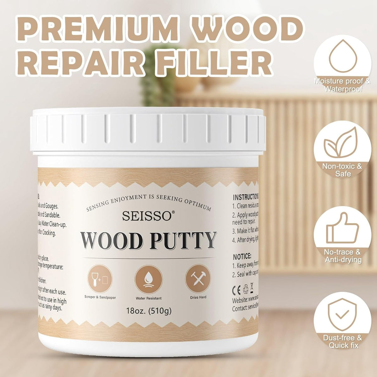 SEISSO Wood Filler & Putty - Waterproof Outdoor Wood Repair Putty, Paintable & Stainable, White