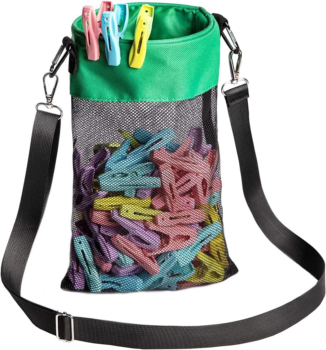 Mesh Clothespin Bag with Hooks Hanging Clothes Pin Bag with Drawstring Closure Clothespin Holder