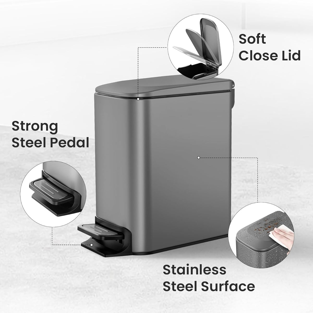 Cesun Small Bathroom Trash Can with Lid Soft Close, Step Pedal, 6 Liter / 1.6 Gallon Stainless