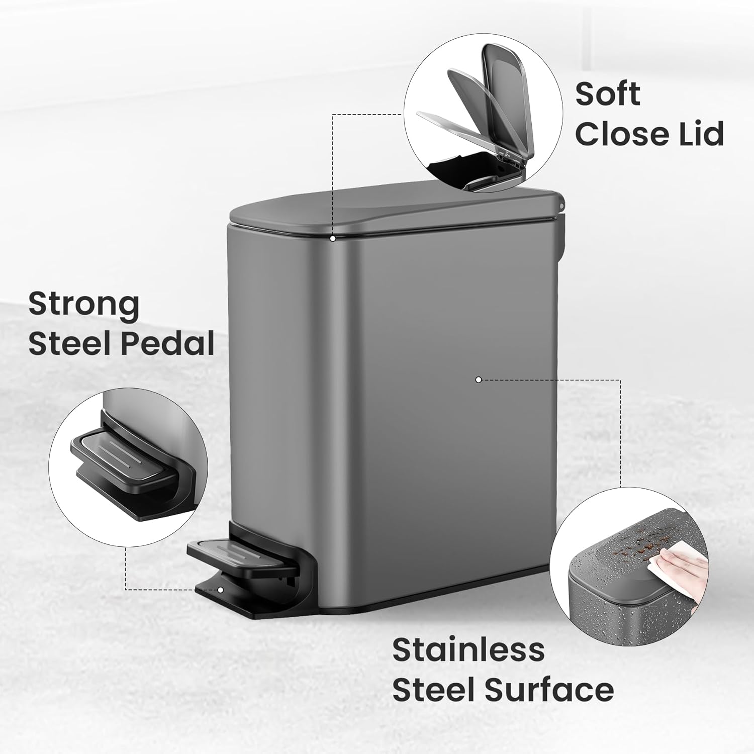 Cesun Small Bathroom Trash Can with Lid Soft Close, Step Pedal, 6 Liter / 1.6 Gallon Stainless