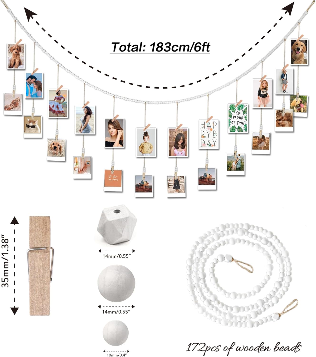 6 Feet Wooden Beads Garland with Clothespins Picture Cards Holder - Country Farmhouse Christmas