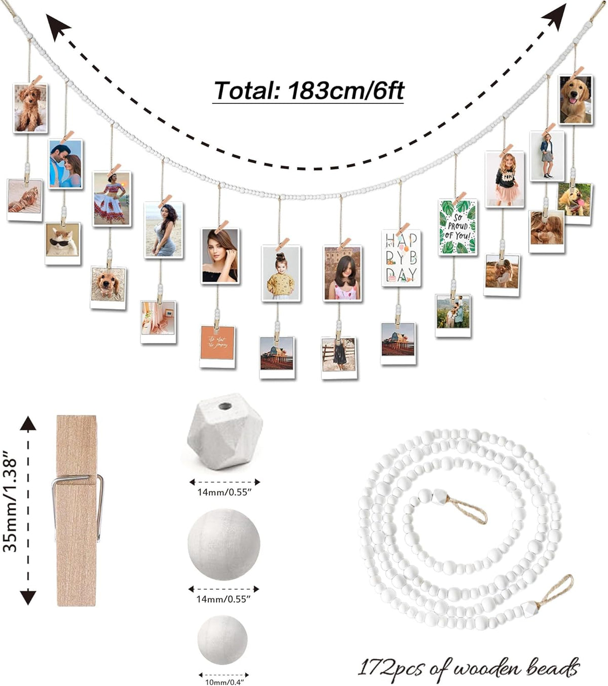 6 Feet Wooden Beads Garland with Clothespins Picture Cards Holder - Country Farmhouse Christmas