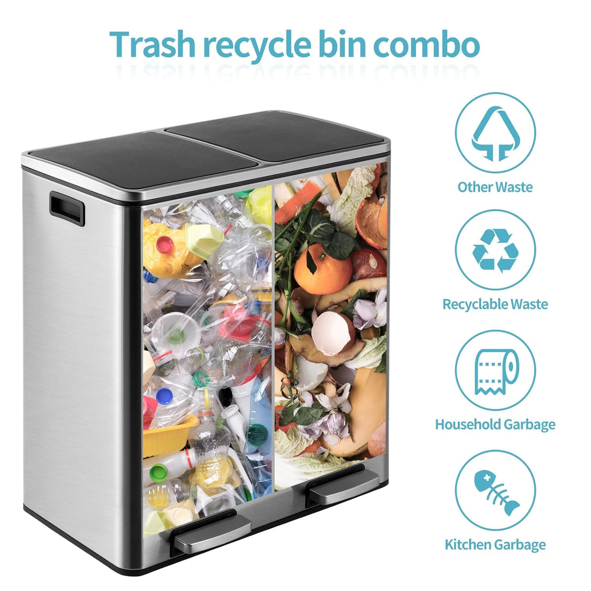 16 Gallon Rectangular Stainless Steel Trash Can, Dual Compartment Garbage Bin with Recycling Combo
