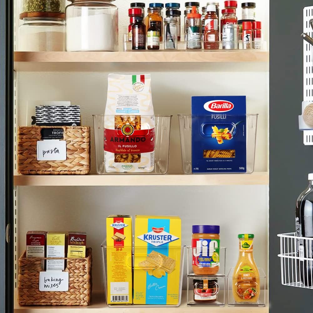 Set of 8 Clear Plastic Storage Bins, 4 Large and 4 Small Stackable Storage Containers for Pantry