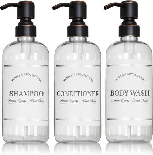 Clear Refillable Shampoo, Conditioner, and Body Wash Bottles - PET Plastic Shampoo Bottles