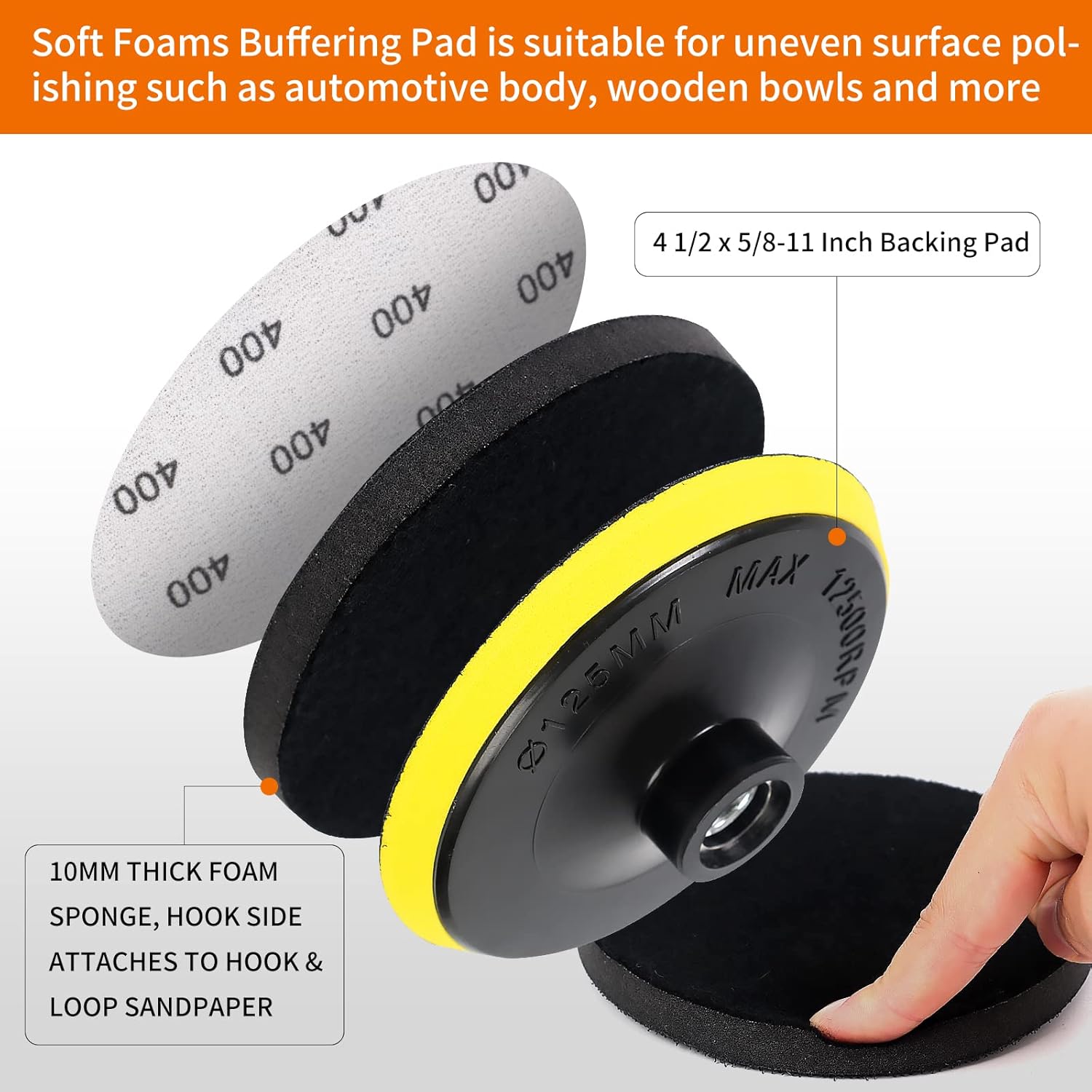 45PCS 5 Inch Wet Dry Sanding Discs Kit with Hook and Loop Backing Pad 5/8-11 and Foam, Angle